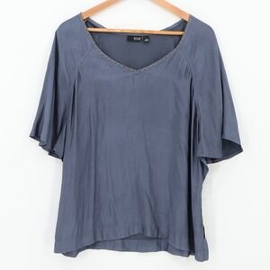 NWT Studded V Neck Top Womens Edgy Gothic Rock Slate Blue‎ Flutter Sleeve Size L